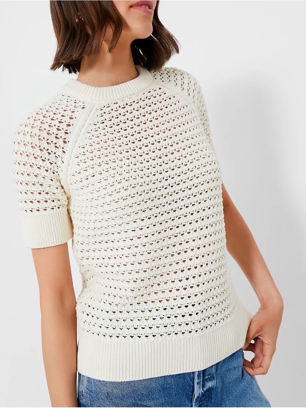 Varley XS Alva Knit Short-Sleeve Crew Sweater - Egret